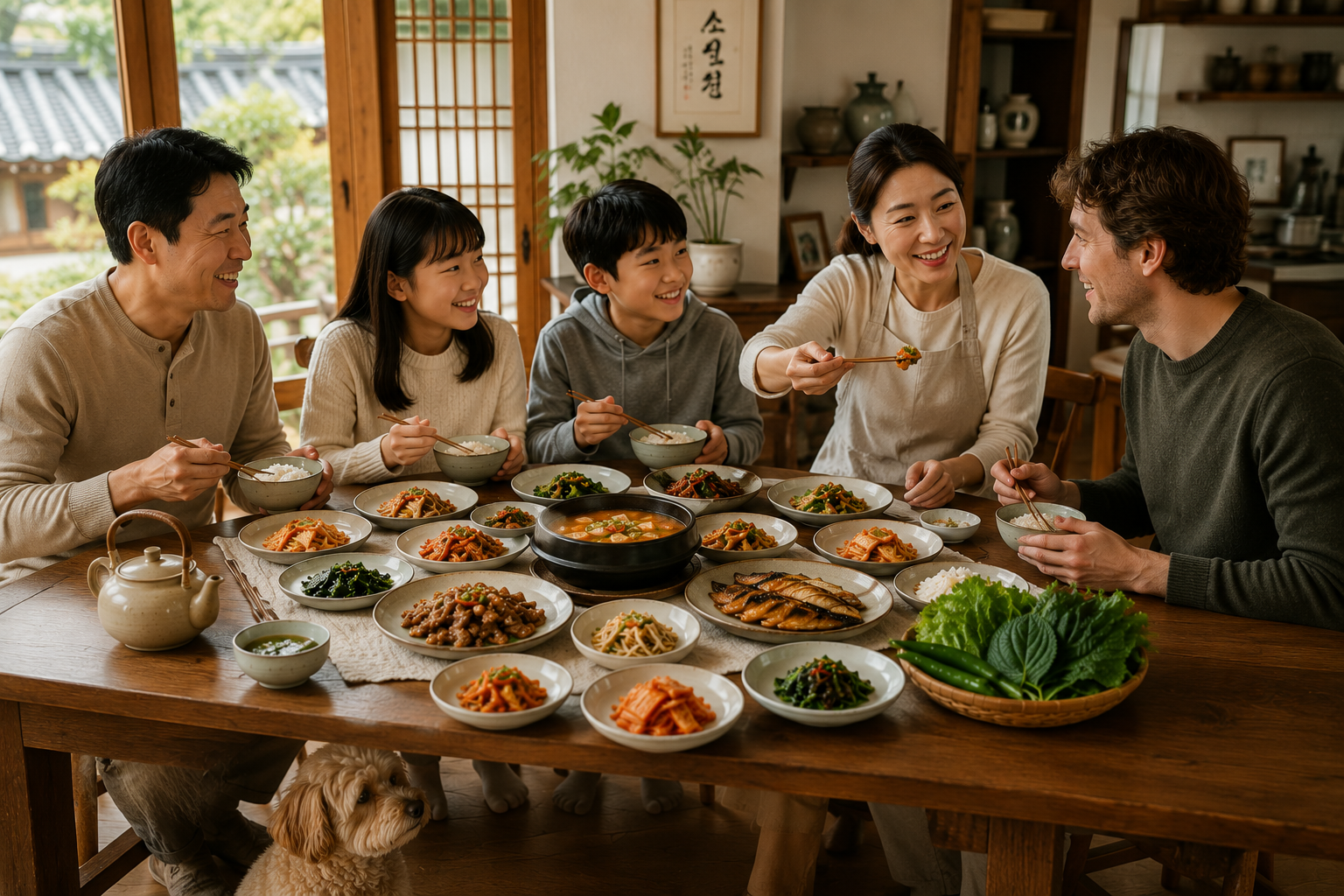 A Korean family sharing a table of rice, soup, and side dishes with a guest