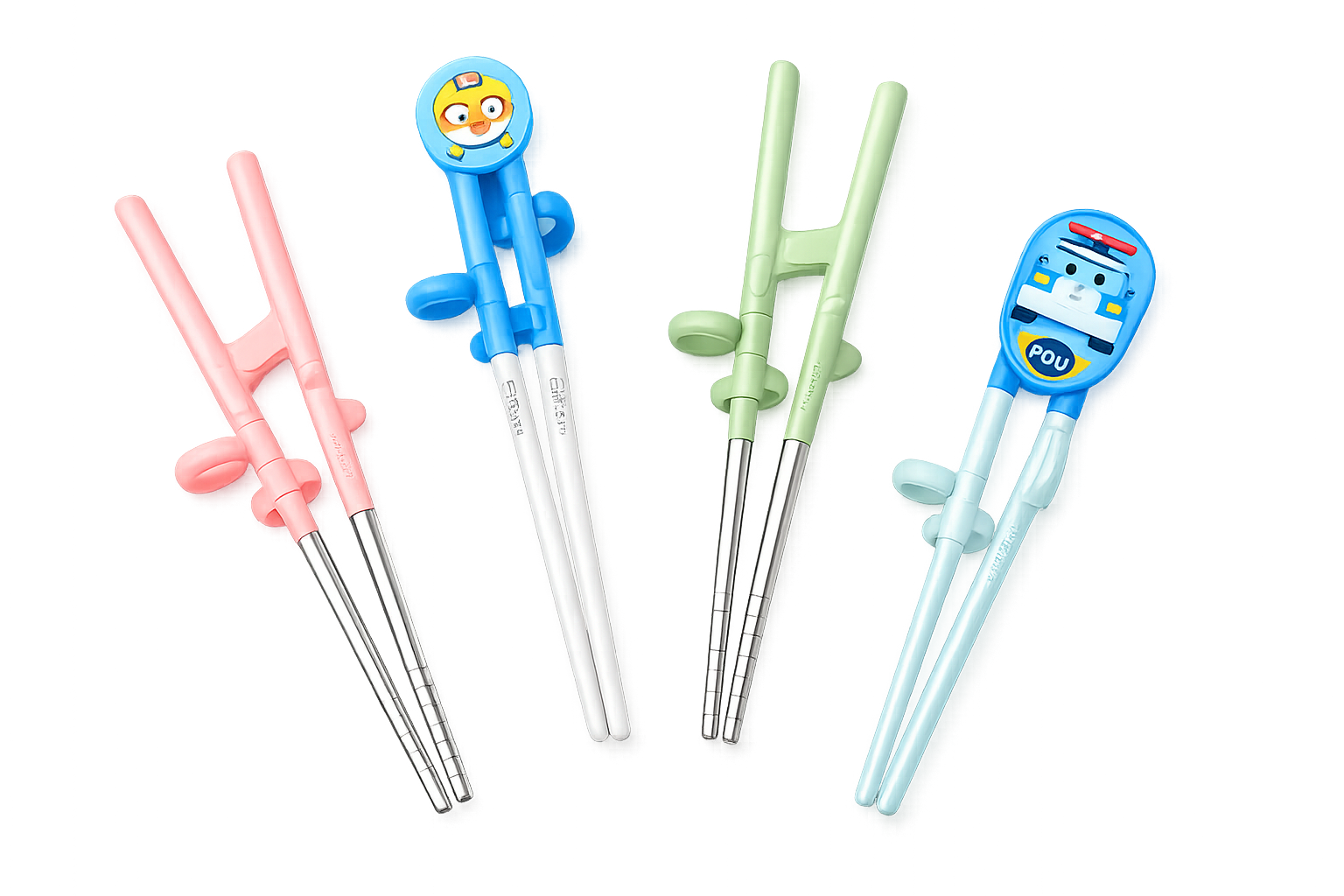 Four children's training chopsticks in pink, blue, sage green, and light blue, each with finger loops and cartoon-character tops that guide small hands into the right grip.